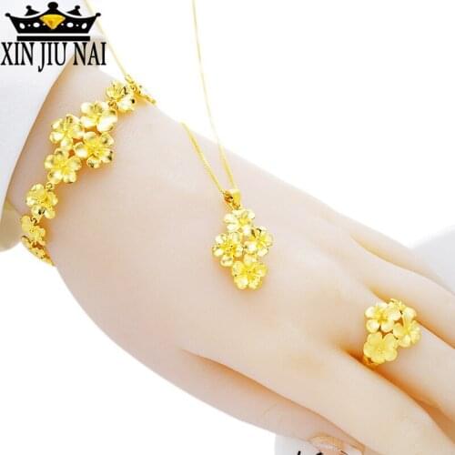 2020 hot sale new arrival golden floral vintage luxury delicate female engagement wedding jewelry set ring, necklace, bracelet