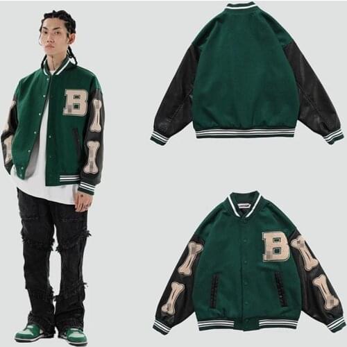 Unisex Furry Bone Letter Embroidery Print Block Patchwork Hip Hop Baseball Uniform Oversized Loose College Style Bomber Jacket