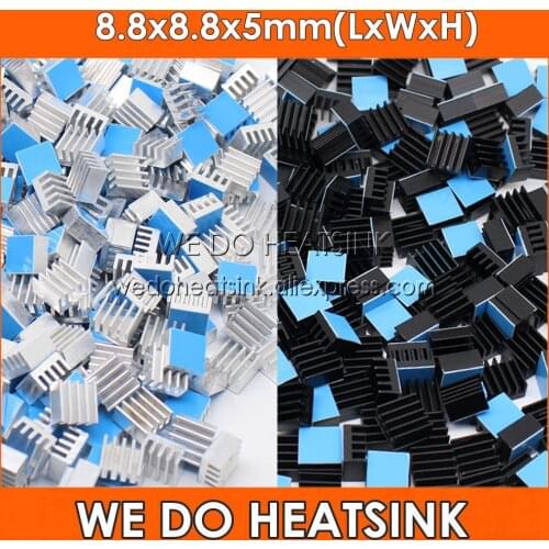 Wholesale 8.8x8.8x5mm Silver / Black Anodized Aluminum Mini Heatsinks IC Heatsink With Thermal Ahesive Tape Applied