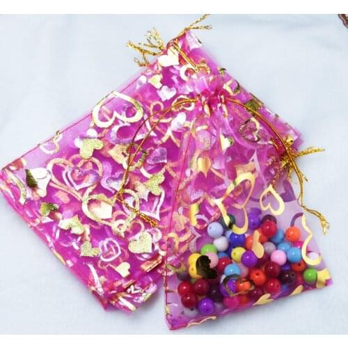 Wholesale 100pcs/lot Hot Pink Organza Bag 11x16cm Wedding Decoration Jewelry Candy Packaging Bag Favor Hearts Print Gift Bags