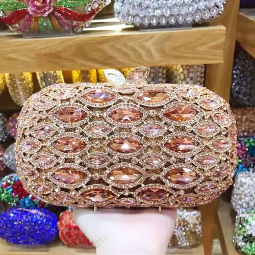 Champagne Rose Golden Luxury Crystal Purse Women Party Purse Fashion Diamond Ladies Wedding Clutch Bags Prom Box Handbags sc806