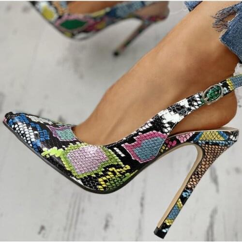 Women Fashion Sexy Gladiator Shoes Summer Thin High Heel Snakeskin Pattern Pumps Shoes Ladies Belt Buckle Hollow Out Sandals
