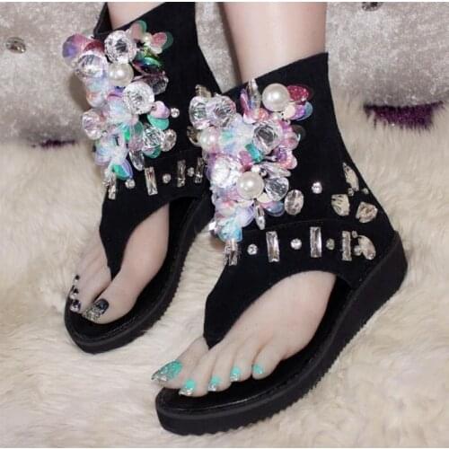 Sexy Clip-toe Gladiator Sandals Women Crystal String Bead Decor Flip Sandal Black Suede Peep Toe Flat Platform Sandals Woman