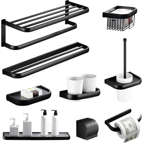 Copper double towel pole bathroom folding towel rack nordic bathroom black square basket wall hanging retro bath pendant set