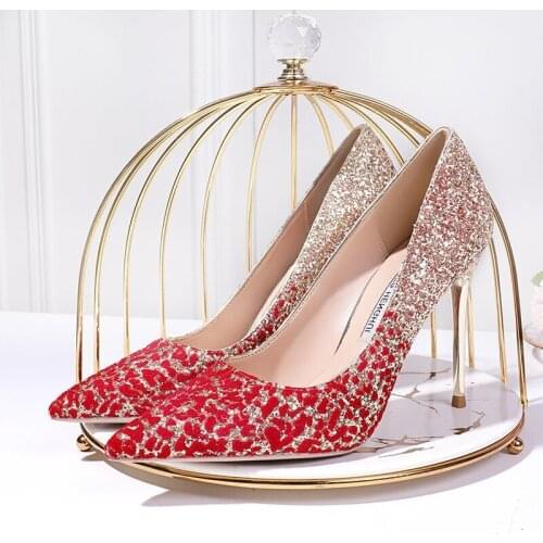 Shoes for wedding women spring autumn new bling high heels pointed toe stilettos golden crystal shoes red bridal shoes heels