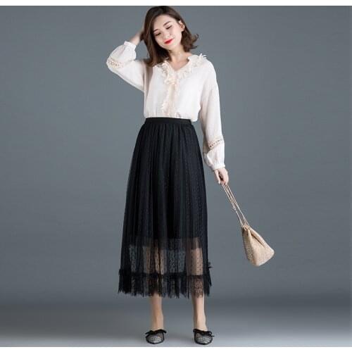 Fashion Net Yarn Long Skirt Womens 2021 Summer New Elastic Waist Stitching Lotus Leaf Popular Black Pleated Skirt