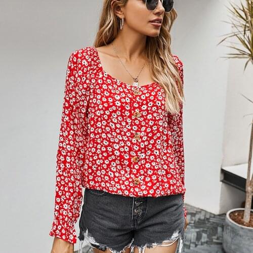 Floral Print Shirt Women 2021 Button Full Sleeve Square Collar Ladies Spring Autumn Casual Red Green Yellow Tops And Blouses