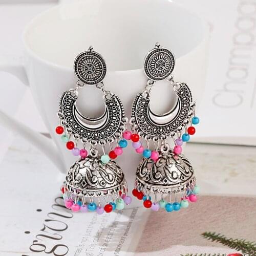 2020 Ethnic Silver Color Gypsy Indian Earrings For Women Boho Jewelry Beads Bell Tassel Jhumka Earrings Ladies Retro Earrings