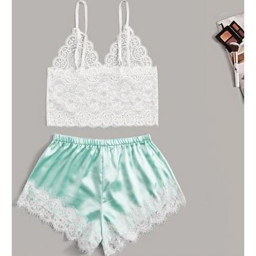 Floral Lace Bralette With Satin Shorts Lingerie Set Women 2020 Summer Sexy Sets Ladies Bra And Panty Underwear Pajama Set-Pink