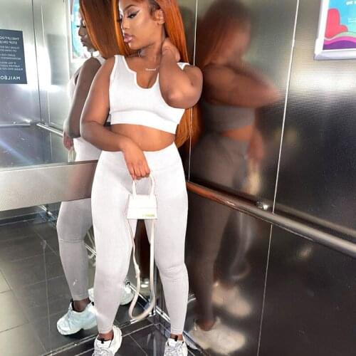 Casual Knitted Two Piece Set Women Summer 2021 Sleeveless Sporty Crop Top + Leggings Co-ord Set Streetwear Sweat Suit Wholesale