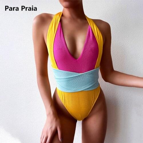 Para Praia Sexy 2021 Halter One Piece Swimsuit Summer Monokini Patchwork Swimwear Bandage High Waist Bathing Suit For Women