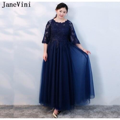 JaneVini Navy Blue Plus Size Mother of The Bride Dresses with Half Sleeves Lace Sheer Tulle Women Formal Long Evening Gowns 2018