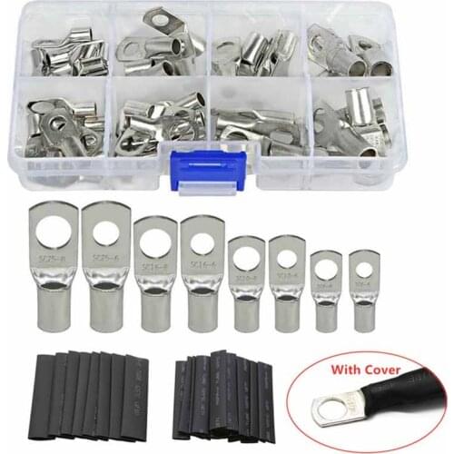 60Pcs Copper Lug + 60Pcs Heat Shrink Tubing Copper Ring Terminal Wire Crimp Connector Bare Cable Soldered Connectors Kit