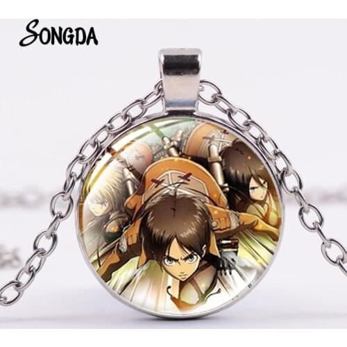 Anime Attack on Titan Necklace Ackerman Eren Emblem Cartoon Cosplay Figure Trendy Glass Round Pendant Long Chain for Fans