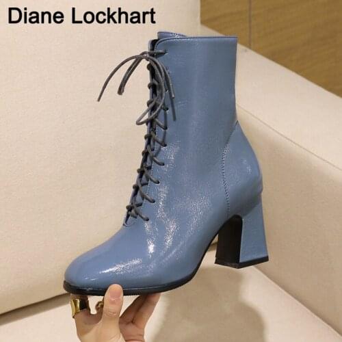 Elegant Ankle Boots For Women High heels Fashion Lace Up Short Boot Female Square Heels Blue Woman Shoes Autumn Winter New