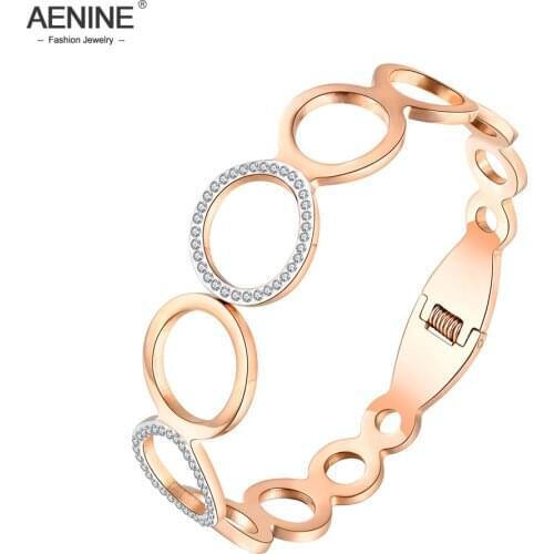 AENINE New Stainless Steel Various Sizes Circles Rhinestone Cuff Bangles Bracelets Lovers Jewelry Valentines Day Gift AB18063
