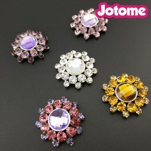 100pcs/lot Choose Color First, 25mm 5 colors Rhinestone Sun Flower Wedding Bouquet Brooch Pin Silver Plated Button