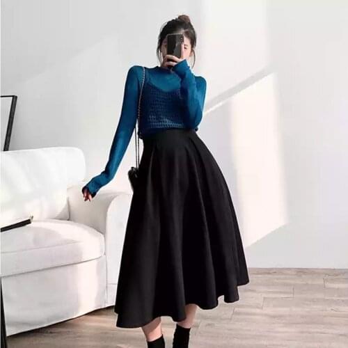 Black Satin Women Skirt Tea Length mujer faldas Ladies Office Skirts Solid High Waist Skirts женские юбки A Line Jupe