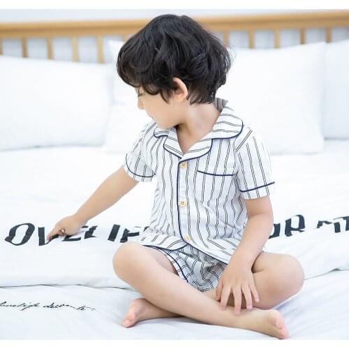 Kids Boys Girls Short Sleeve Pajamas Set Collared Striped Summer Cute Toddler Pajama Kids Sleepwear Children Clothes Pjs 2-6Y