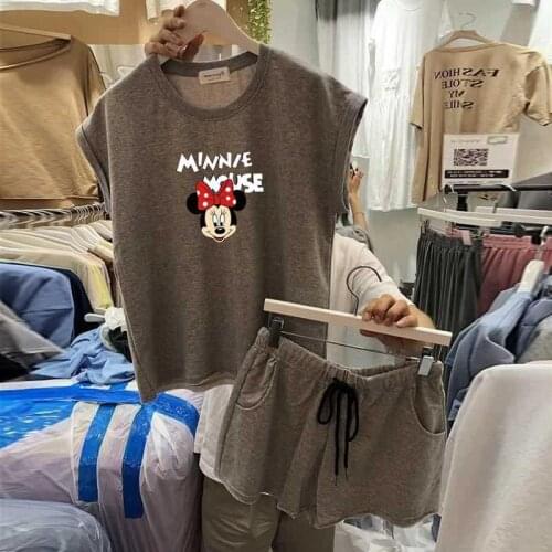 Disney Women Cotton Clothing Losse Casual Clothes Sets Ages 18-35 Years Old T-shirts Female +shorts Sports Casual Two Piece Set