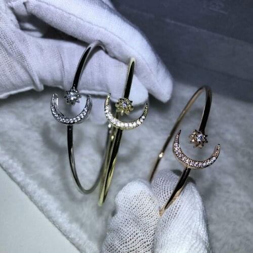 Exquisite Crystal Zircon Bangle Bracelet White CZ Stars Moon Open Bangle Women Girls Bracelet Lovers Gifts Fine Jewelry