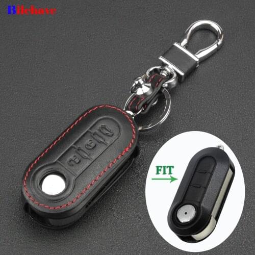Bilchave 3 Buttons Hand-stitched leather Flip Folding Remote Car Case Cover Fob For Fiat 500 Panda Punto Bravo Keychain Holder