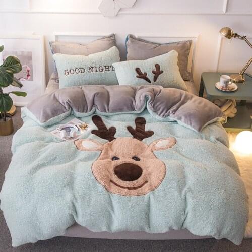 2018 New Double-sided Fleece Cartoon Sticker Embroidery Luxury Duvet/Quilt Cover Bed Linen sheet set 4 Pieces Bedding Sets