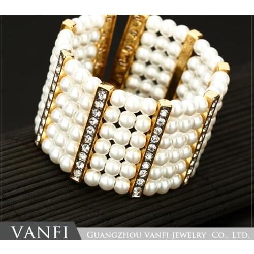 Promotion Korean Elegant Women Gold Color Full Rhinestone Simulated Pearl Multilayer Adjustable Bangles