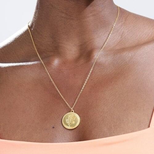 Cute Folwer Necklace For Women Coin Rose Love Stainless Steel Fashion Necklaces Jewelry Gift Choker Collier Bijoux Femme BFF