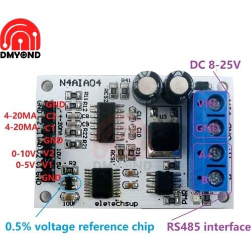 DC 12V 4-20mA 0-5V 0-10V Voltage Signal Acquisition RS485 ADC Modbus RTU Module PLC Current Transmitter Measuring Instruments