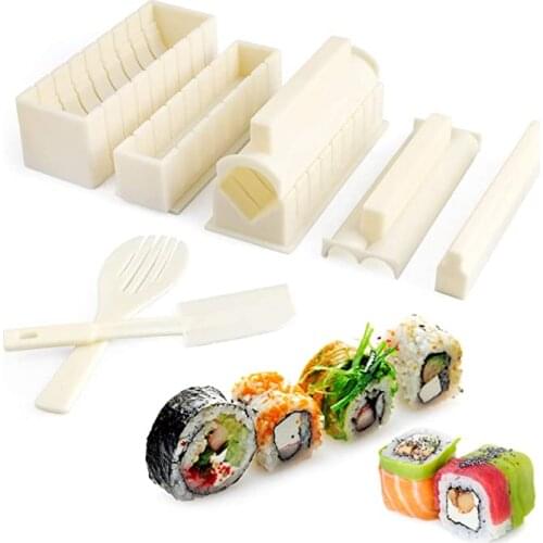 Sushi Making Kit for Beginners - Pack of 10 Plastic Sushi Maker Tool with 8 Sushi Rice Roll Mold Shapes/Fork /Spatula (creamy-wh