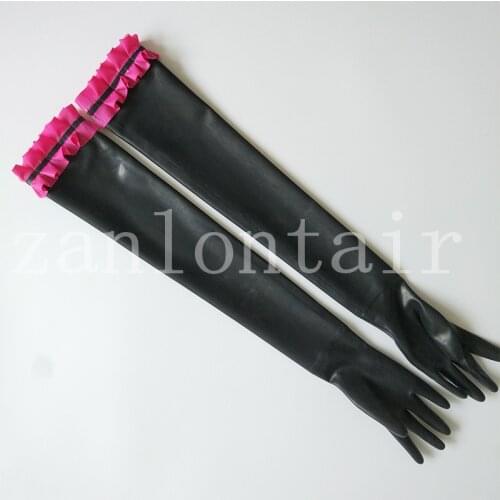 Sexy exotic lingerie women female handmade spliced black latex long gloves with chiffons purfle lace cekc zentai fetish costumes