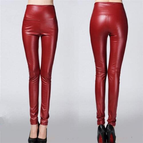 Autumn Winter Candy Colors Stretch PU Leather Leggings Women Skinny Long Pants Plus Velvet Thick High Waist Sexy Leggings C6830