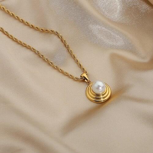 French Round Tire pattern Pearl Pendant Necklace For Women gift Gold Plating Stainless Steel Pendant Neckalces