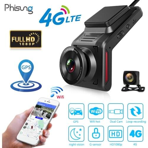 Phisung 1080P Dash Camera APP Control 4G WiFi Small Stature High Quality Image Remote Monitoring w/ Rearview Camera 16GB TF Card