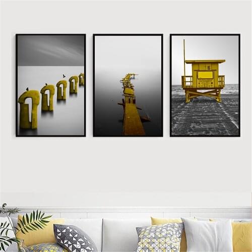 Black White Painting Yellow Sea Bridge Posters and Prints Wall Pictures for Living Room Nordic Poster Ocean Canvas Art Paint