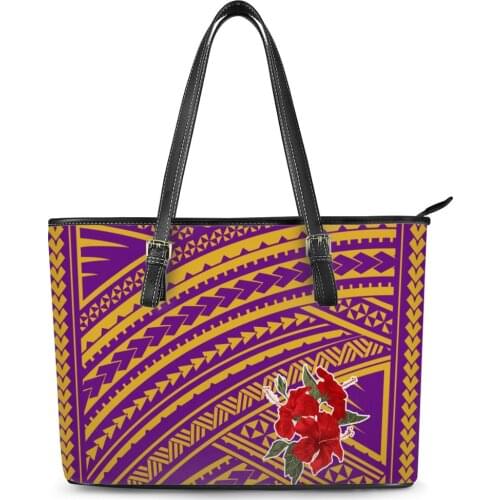ELVISWORDS Luxury Handbag Women Handbags Polynesian Traditional Tribal Flower Print Lady Leather Shoulder Bags Large Casual Tote