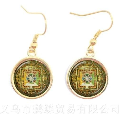 Handmade Om Yaga Symbo Earrings Buddhism Mandala Glass Cabochon Glass Dome Sacred Geometric Figure Combination Drop Earrings