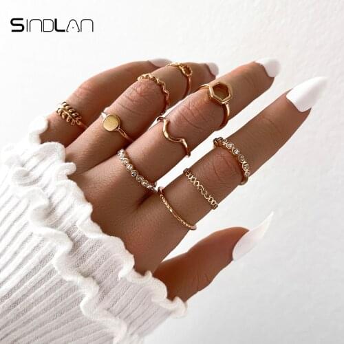 Sindlan 10Pcs Vintage Gold Crystal Ring for Women Charms Set Chain Boho Female Wedding Y2k Korean Fashion Jewelry Bijoux Femme