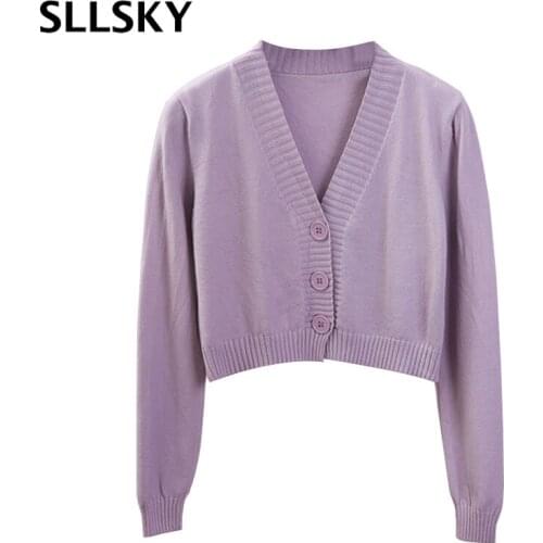 Sllsky Womens Cropped Cardigan Sweaters Female Black White Short Sweater V Neck Single Breasted Sweater Woman Knitted Cardigan