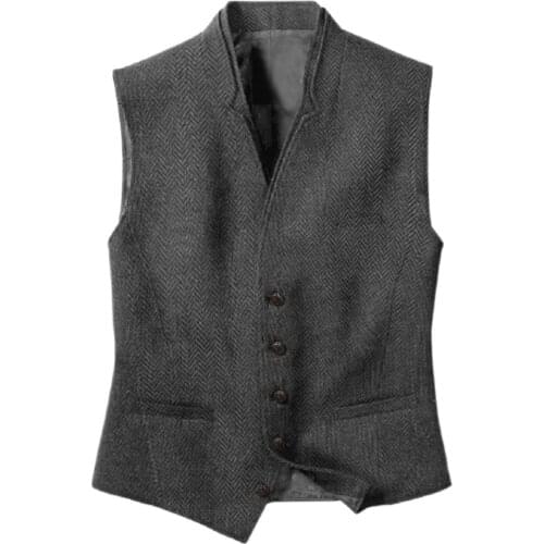Tweed Double Collar Mens Vest Suit V Neck Wool Herringbone Casual Business Waistcoat Groomman For Wedding Green/Black/Brown