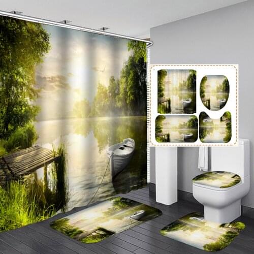 Forest Lake Boat Printed Pattern Shower Curtain Bathroom Curtains Pedestal Rug Lid Toilet Cover Bath Mat Set Home Decor