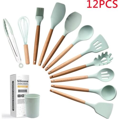 12PCS Silicone Cooking Utensils Set Non-stick Spatula Wooden Handle Cookware Egg Beaters Shovel Spoon Kitchen Accessories