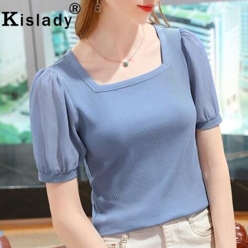 2021 Summer Square Collar Patchwork Solid Gothic Women Shirts Sexy OL Harajuku Tops Shirts Korean Plus Size Puff Sleeve Clothes