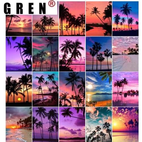 GREN Home Decor Full Square/Round Drill 5D DIY Diamond Painting Sunset Scenery Tree Cross Stitch Embroidery Mosaic Living Room