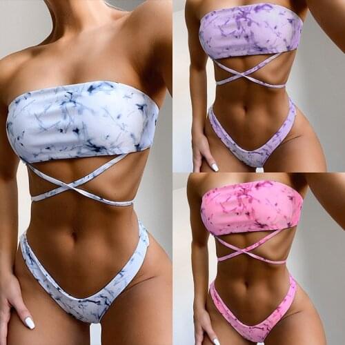 Bandeau Bikinis Swimsuits High Cut Swimwear Women Cross Bandage Biquini Bathing Suits Thong Bikini Set 2021 New Beachwear