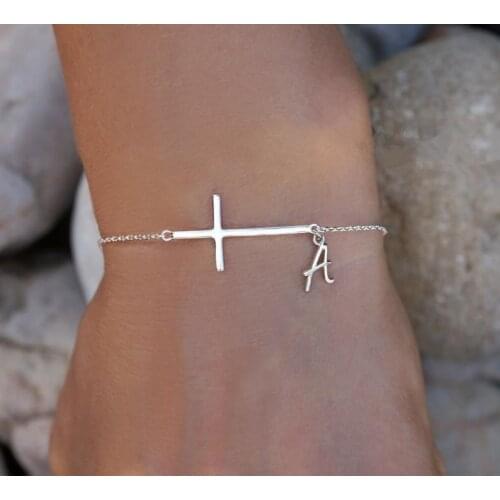 Sideways Cross Bracelet with Dainty Initial - Initial Bracelet In Silver Plated
