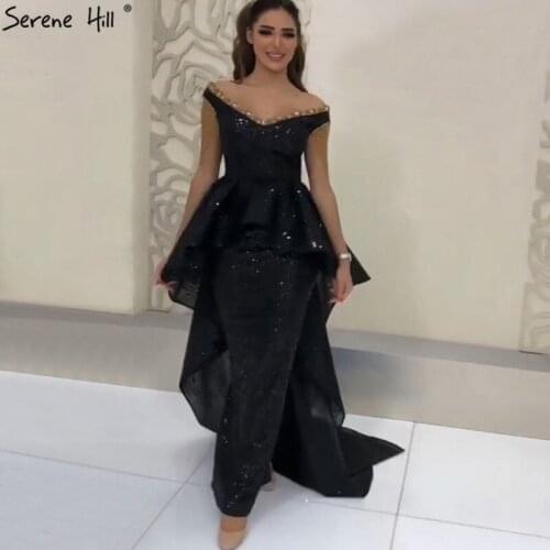 Black Asymmetrical Sleeveless Sexy Evening Dresses 2020 Dubai Design Off Shoulder Tassel Formal Dress Serene Hill LA60798