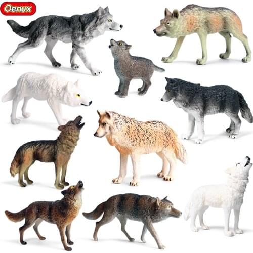 Oenux 10PCS Wild Beast Animals Gray Wolf Family Simulation Baby Wolves Action Figures Collection Lifelike Small PVC Model Toy