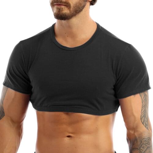 Summer Men Gay Nightclub Wear Costume Sexy Tops Cotton Round Neck Short Sleeves Solid Pullover Crop Top Fashion Short T Shirts